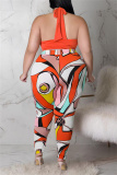 Orange Fashion Sexy Print Bandage Hollowed Out Backless Halter Plus Size Two Pieces