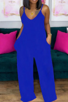 Deep Blue Casual Solid Split Joint Spaghetti Strap Loose Jumpsuits