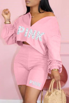 Pink Fashion Casual Letter Print Basic V Neck Long Sleeve Two Pieces