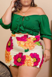 Green Sexy Print Patchwork O Neck Plus Size Two Pieces