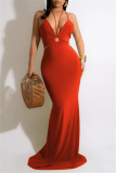 Red Fashion Sexy Plus Size Solid Hollowed Out Backless Spaghetti Strap Long Dress