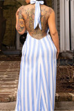 Light Blue Fashion Casual Striped Print Bandage Backless Halter Plus Size Dresses