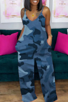 Blue Casual Camouflage Print Split Joint Spaghetti Strap Loose Jumpsuits