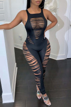 Black Sexy Solid Hollowed Out Split Joint O Neck Regular Jumpsuits