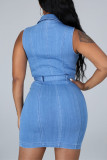 Light Blue Fashion Casual Solid Patchwork Turndown Collar Sleeveless Skinny Denim Dresses