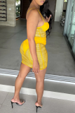 Yellow Sexy Solid Mesh Spaghetti Strap Sleeveless Two Pieces
