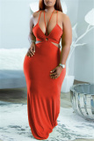 Black Fashion Sexy Plus Size Solid Hollowed Out Backless Spaghetti Strap Long Dress