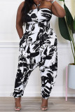 Black White Sexy Casual Print Bandage Backless Strapless Regular Jumpsuits
