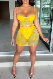 Yellow Sexy Solid Mesh Spaghetti Strap Sleeveless Two Pieces