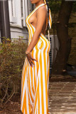 Yellow Fashion Casual Striped Print Bandage Backless Halter Plus Size Dresses