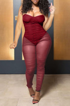 Red Sexy Solid Patchwork Strapless Regular Jumpsuits