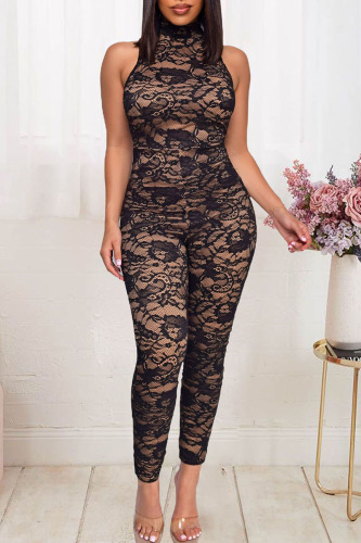Black Sexy Solid Hollowed Out Patchwork Half A Turtleneck Skinny Jumpsuits