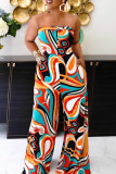 Colour Casual Print Bandage Patchwork Strapless Straight Jumpsuits