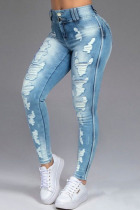 Baby Blue Casual Street Solid Ripped Patchwork High Waist Denim Jeans