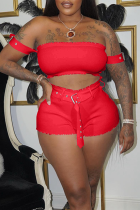 Red Sexy Solid Split Joint Off the Shoulder Short Sleeve Two Pieces
