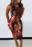 Red Fashion Casual Print Basic O Neck Sleeveless Dress