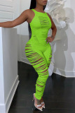 Fluorescent Green Sexy Solid Hollowed Out Patchwork O Neck Regular Jumpsuits