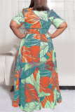 Orange Green Fashion Casual Plus Size Print Basic Turndown Collar Shirt Dress