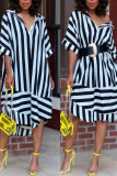 Black And White Casual Striped Print Patchwork Asymmetrical Turndown Collar Dresses(Without Belt)