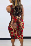 Red Fashion Casual Print Basic O Neck Sleeveless Dress