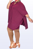 Burgundy Casual Solid Patchwork Slit O Neck Plus Size Two Pieces