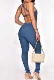Blue Fashion Casual Solid Patchwork Backless Spaghetti Strap Skinny Jumpsuits