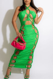 Green Sexy Solid Bandage Hollowed Out Patchwork Halter One Step Skirt Dresses