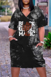 Black Gray Casual Print Patchwork V Neck Dresses