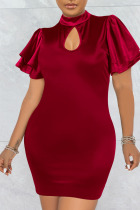 Burgundy Casual Solid Split Joint O Neck One Step Skirt Dresses