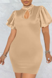 Champagne Casual Solid Patchwork O Neck One Step Skirt Dresses