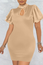 Champagne Casual Solid Split Joint O Neck One Step Skirt Dresses