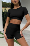 Black Casual Sportswear Solid Patchwork O Neck Short Sleeve Two Pieces