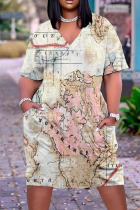 Khaki Casual Print Patchwork V Neck Straight Dresses