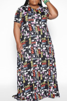 Black Casual Print Patchwork O Neck Straight Plus Size Dresses