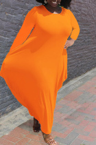 Orange Fashion Casual Solid Split Joint Basic O Neck Long Sleeve Plus Size Dresses