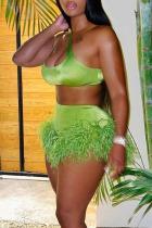 Green Sexy Solid Split Joint Feathers U Neck Two Pieces