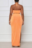 Tangerine Sexy Solid Patchwork Slit Halter Sleeveless Two Pieces