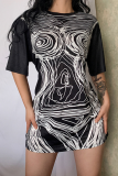 Black Casual Print Patchwork O Neck Straight Dresses