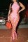 Pink Sexy Solid Bandage Hollowed Out Split Joint O Neck Regular Jumpsuits