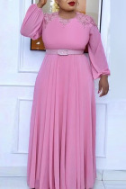 Pink Fashion Casual Solid Split Joint With Belt O Neck Long Sleeve Plus Size Dresses