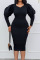 Black Casual Solid Patchwork Beading V Neck One Step Skirt Dresses