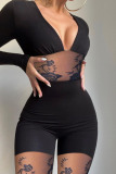 Black Silver Sexy Solid Split Joint See-through V Neck Regular Jumpsuits