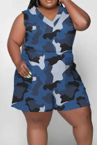Blue Casual Print Camouflage Print Split Joint V Neck Plus Size Jumpsuits