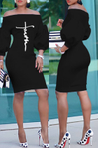 Black Fashion Casual Print Basic Off the Shoulder Long Sleeve Dresses