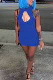 Blue Fashion Sexy Solid Hollowed Out Turtleneck Sleeveless Dress