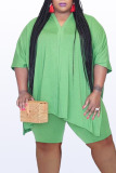 Green Casual Solid Patchwork Slit O Neck Plus Size Two Pieces