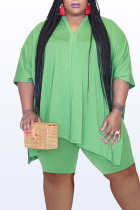 Green Casual Solid Split Joint Slit O Neck Plus Size Two Pieces