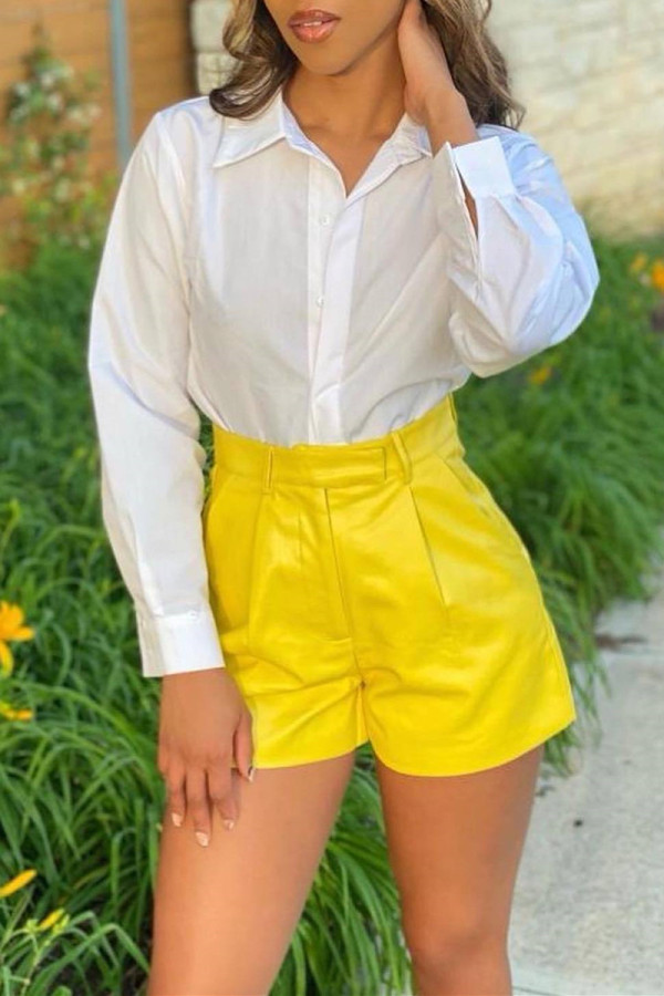 Yellow Fashion Casual Solid Patchwork Regular High Waist Shorts