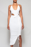 White Sexy Solid Draw String Halter Sleeveless Two Pieces
