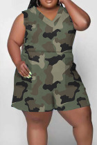 Army Green Casual Print Camouflage Print Split Joint V Neck Plus Size Jumpsuits